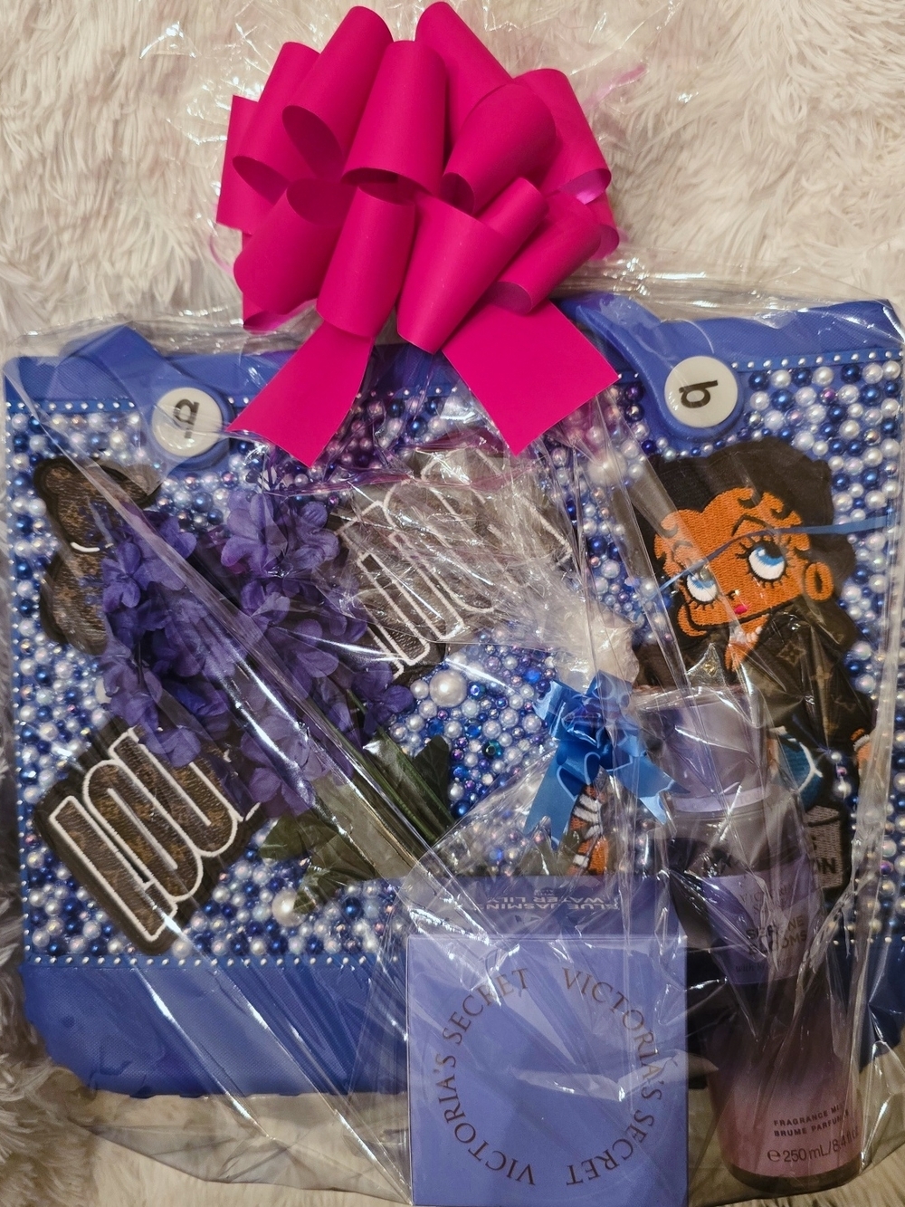BOGG BAG Blue Tote with Pink Bow and Purple Accents